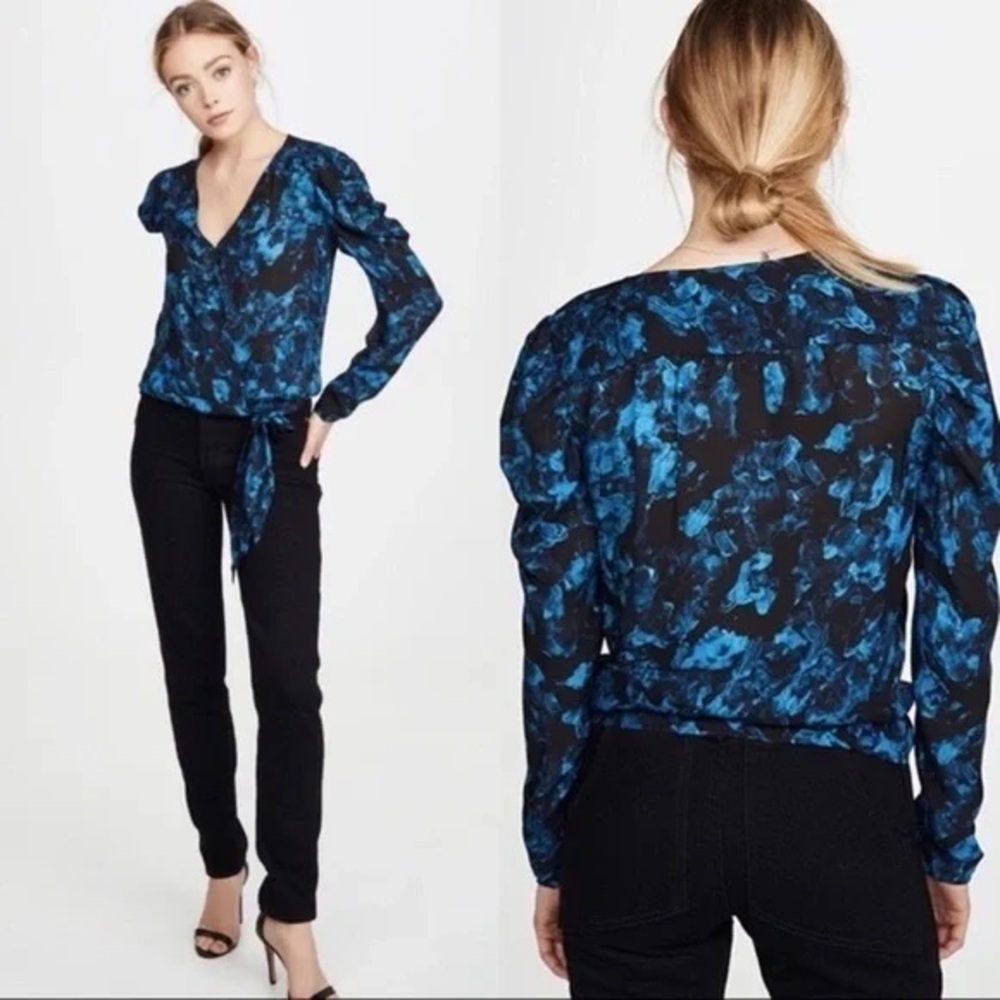 Parker Arya Long Sleeve Tie Floral Blouse - Rainstorm Size M